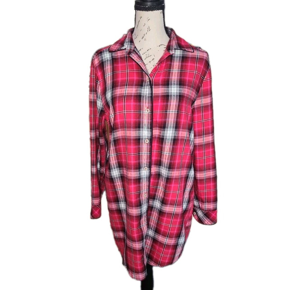 Victoria's Secret Red Plaid Flannel Sleep Shirt Nightshirt Women's XS Long - Picture 1 of 10